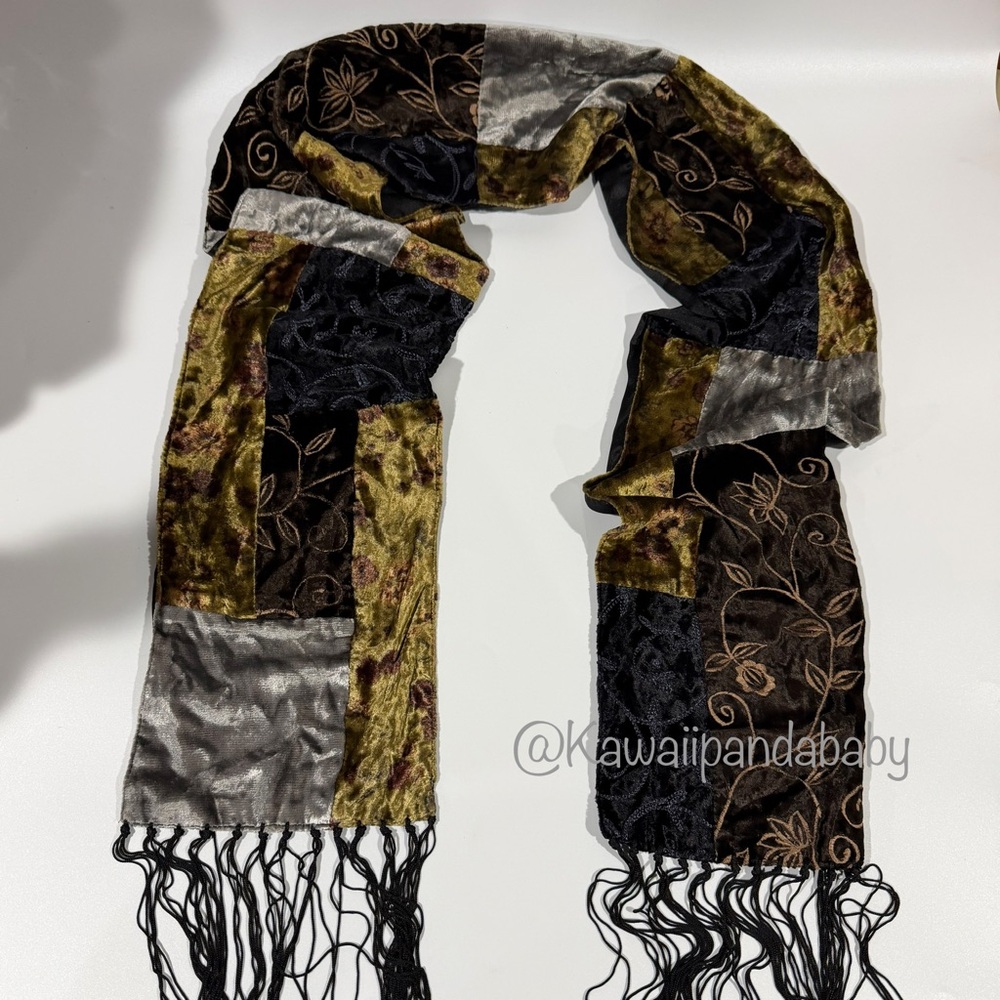 Y2K Vintage Whimsigoth Patchwork Olive Black Velvet Floral Bohemian Fairy Scarf